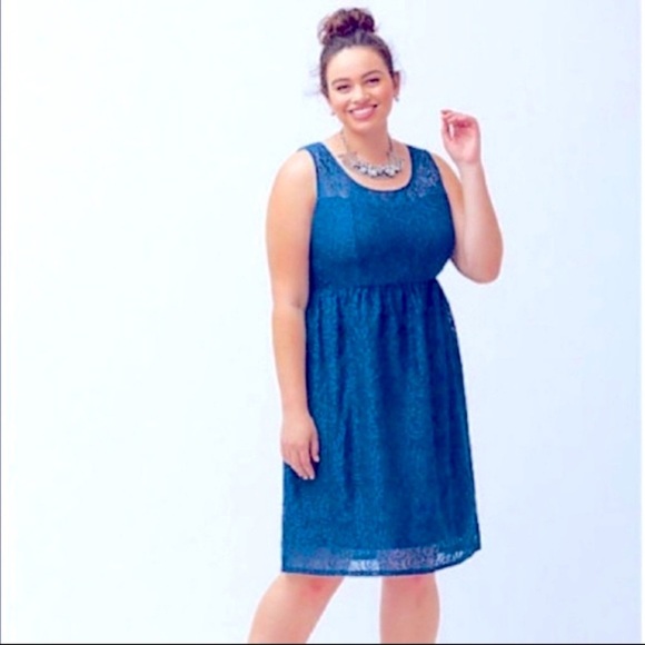 Lane Bryant Teal Blue Lace Overlay Midi A-Line Dress Size 26 - Picture 1 of 13